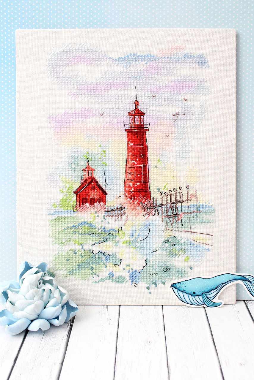 Sea Harbour SA-005 Cross-stitch kit featuring a vibrant marine landscape with a lighthouse, ocean, and violet sky.